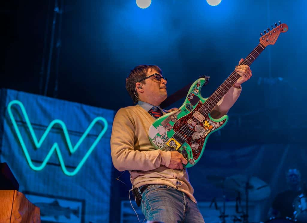 This is Rivers Cuomo, frontman for Weezer, performing at Austin360 Amphitheater.