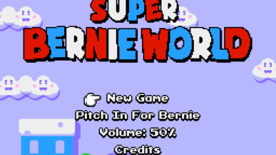 the intro screen for the super bernie game