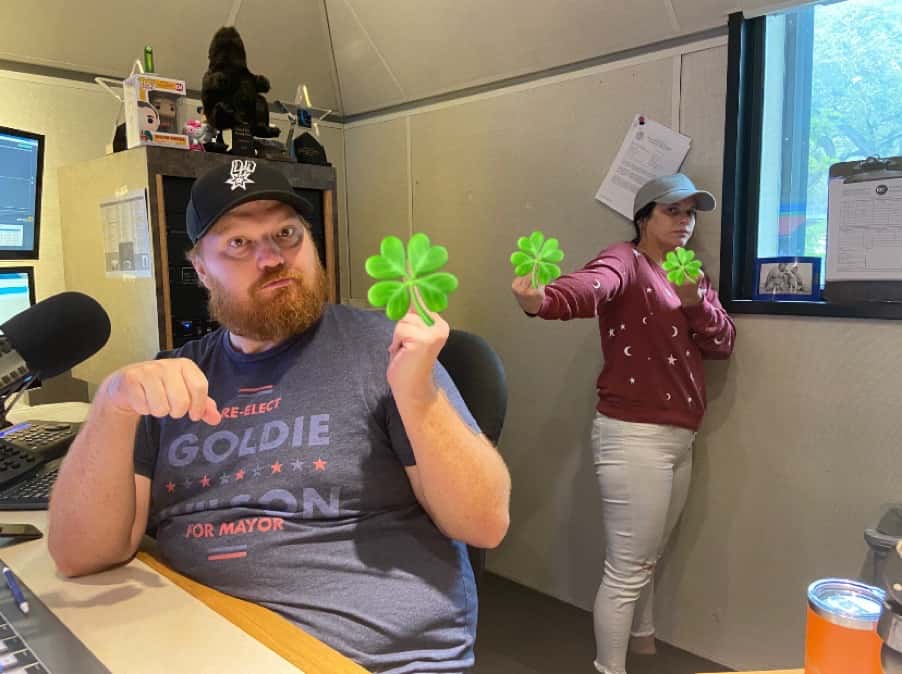 Jason and Deb flippin off each other censored with shamrocks
