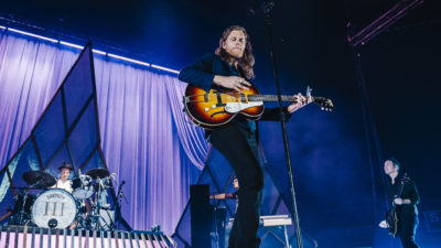 Jeremiah Fraites, Wesley Schultz and Byron Isaacs from The Lumineers perform onstage at Wizink Center on November 02, 2019 in Madrid, Spain.