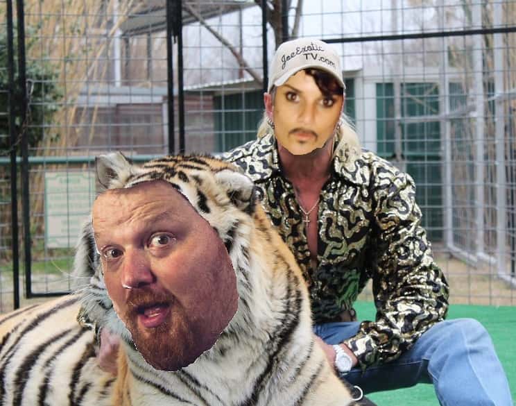 a picture of Joe exotic from tiger kings with Deb's face photoshopped on Joe and Jason's face photoshopped on a tiger