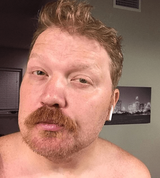 a picture of Jason dick after shaving his beard into a comedy mustache