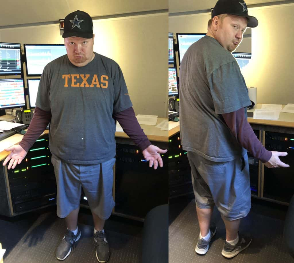 jason showing off how baggy his clothes are now that he's lost a ton of weight