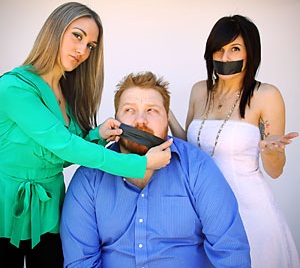 jason and deb with former producer cassandra taping their mouths shut with duck tape