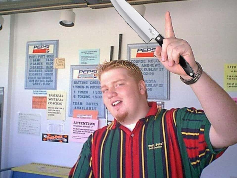 jason back when he worked at Putt Putt but a cutco knife photoshopped into his hand