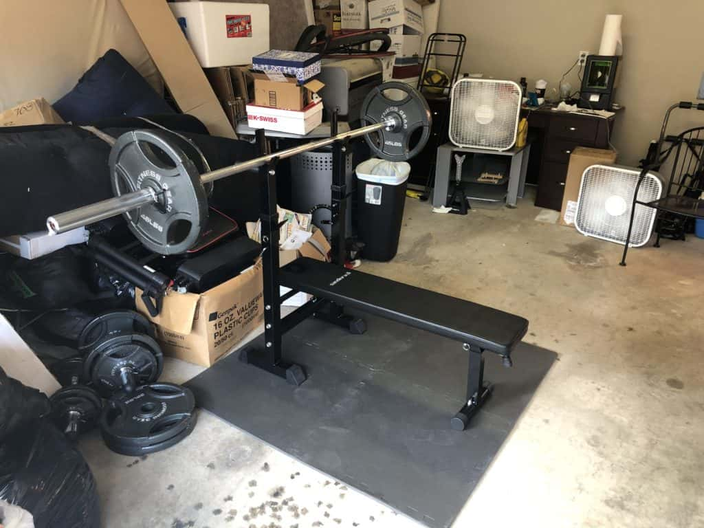 a weight bench nick set up in his garage