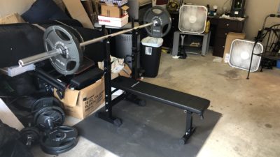 a weight bench nick set up in his garage