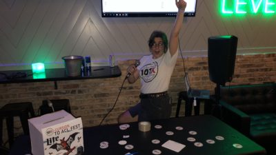 Katy manning the PA at our mario kart touranment