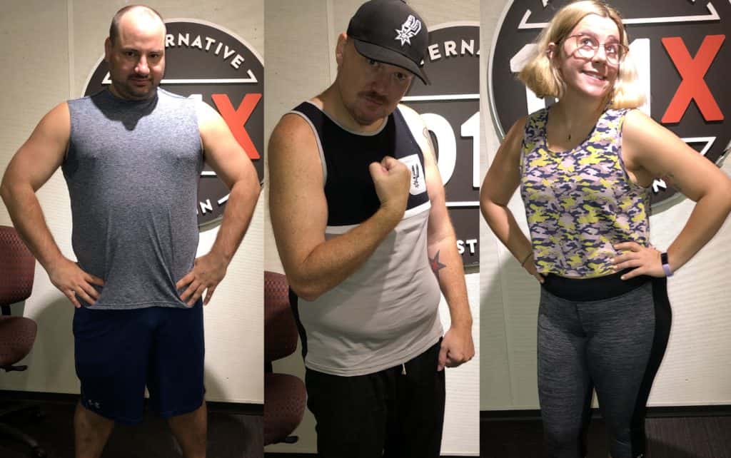 montage of Nick, Jason, and Katy showing off their tank tops