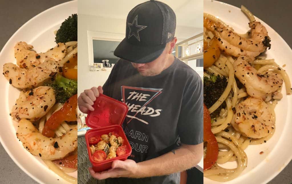 Jason holding a tupperware container of leftover shrimp pasta