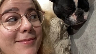 katy taking a selfie with deb's dog alfie