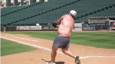 jason hitting a baseball in his boxers at dell diamond