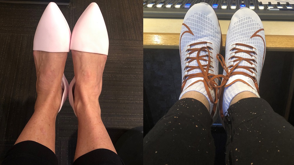 side by side photos of deb's new pink rubber shoes and jason's longhorn nikes