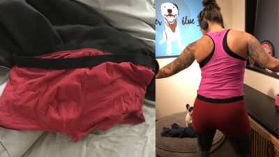 picture of jason's underwear side by side with deb wearing said underwear over her clothes