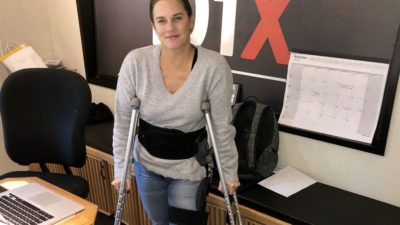 deb on crutches after her hip surgery