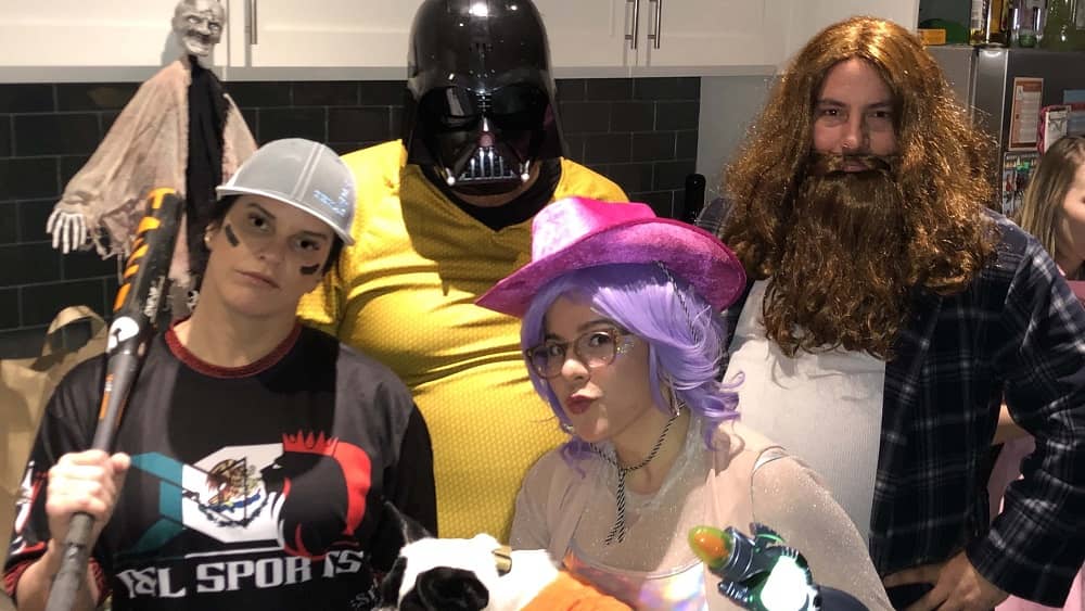 jason dressed as darth vader/captain kirk, deb as a softball player, nick as fat thor, and katy as a space cowgirl for halloween