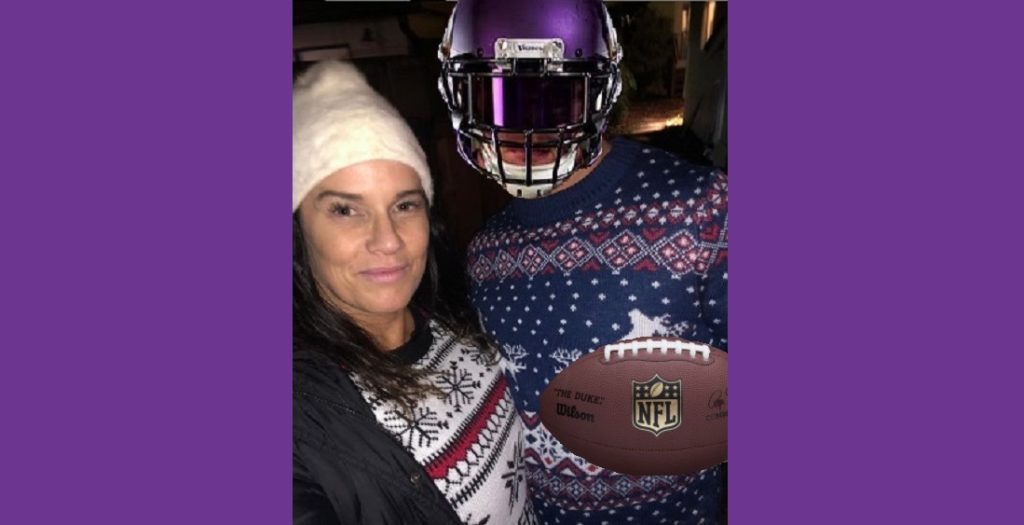 deb and her boyfriend with a minnesota vikings helmet photoshopped onto his head and holding a football