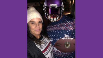 deb and her boyfriend with a minnesota vikings helmet photoshopped onto his head and holding a football