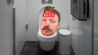 jason's head wearing his airpods photoshopped onto a stock photo of a toilet