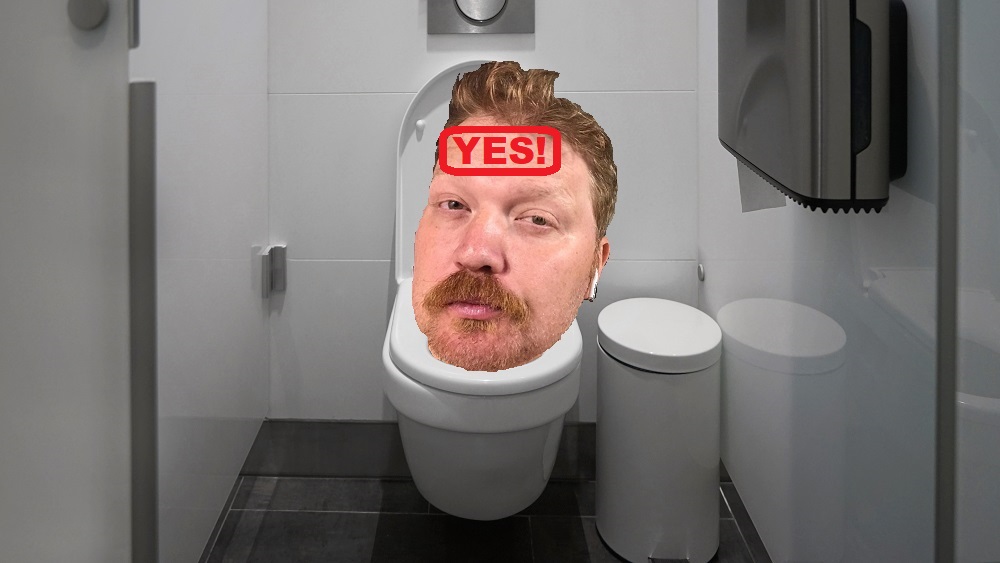 jason's head wearing his airpods photoshopped onto a stock photo of a toilet