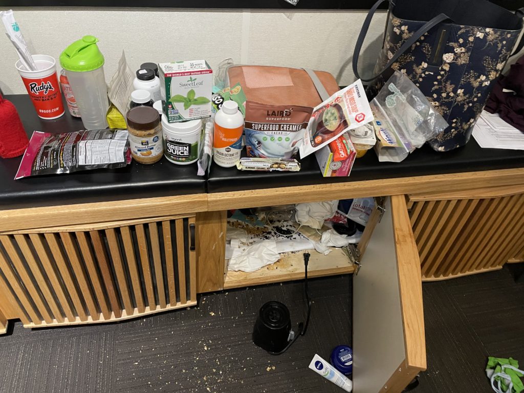 the mess in our studio cabinets from a rat