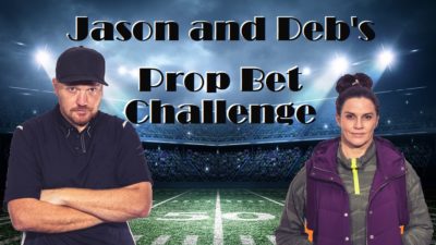 jason and deb photoshopped onto a stock image of a football field with the words jason and deb's prop bet challenge on it