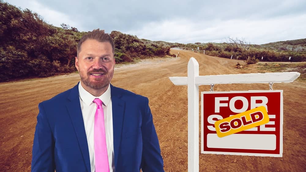 photoshop of jason in front of a dirt field next to a for sale sign
