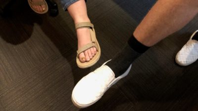jason's socks and vans and emily's sandals