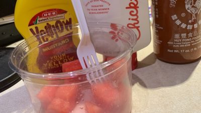 watermelon, mustard, chick-fil-a sauce, and siracha