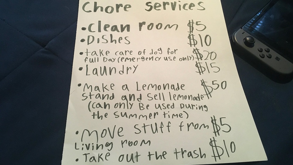 a list of chores and how much Jason's girlfriend's kid wants Jason to pay him for doing