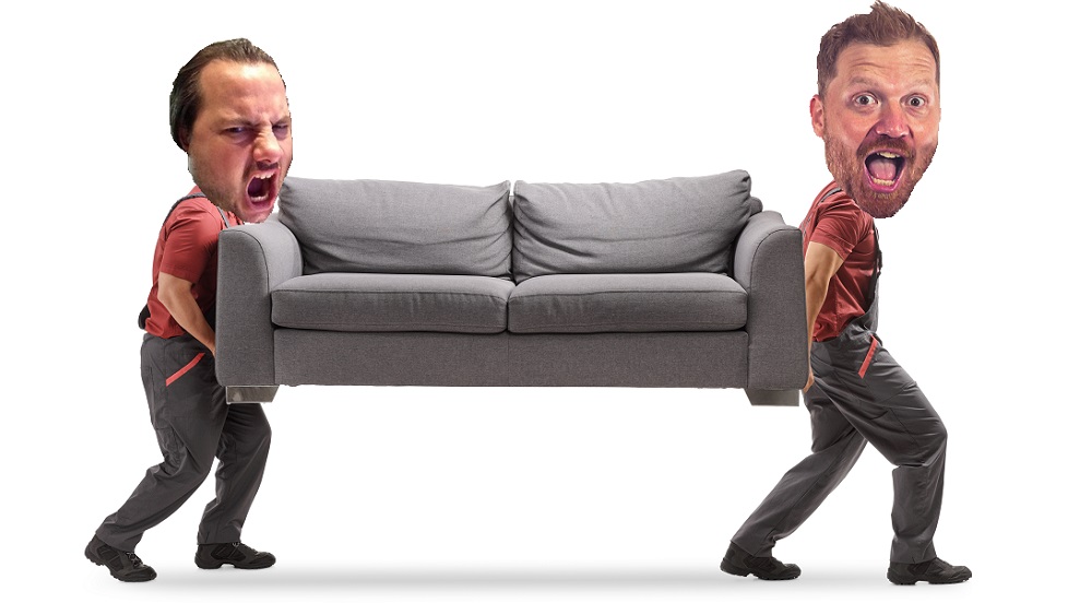 jason and nick's heads photoshopped onto a stock photo of two men moving a couch