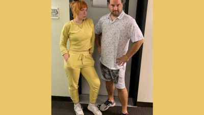 nick in his gen z-inspired get up and emily in her april oneal yellow jumpsuit combination