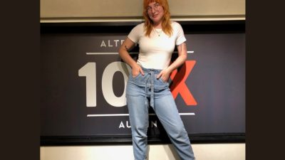 Emily showing off her mom jeans that are popular with the youths