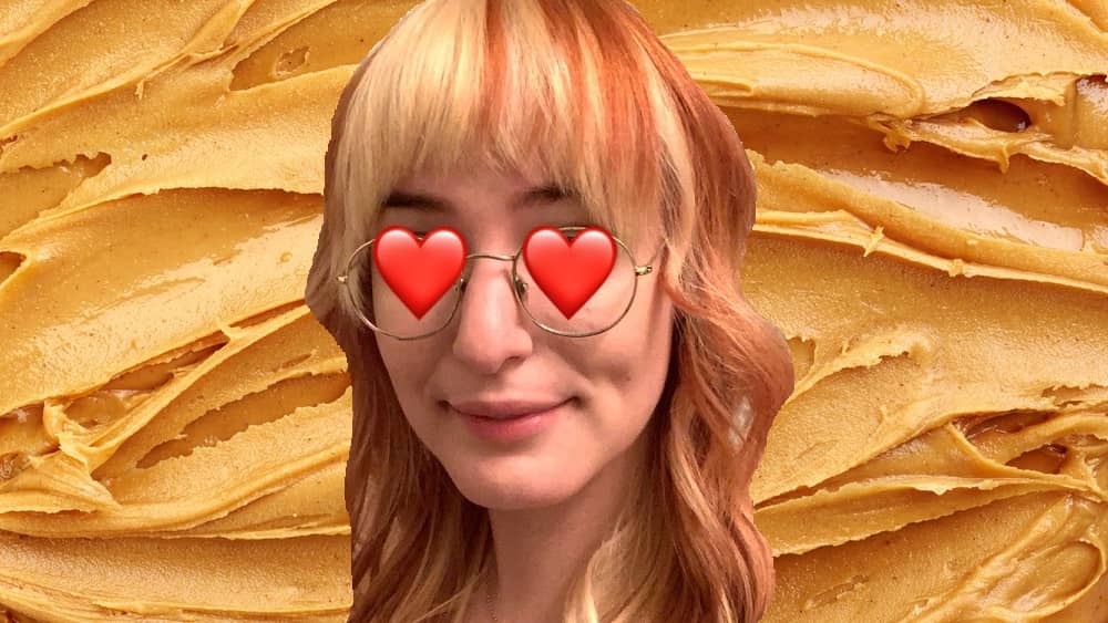 stock photo of peanut butter with emily's face on it with hearts in her eyes
