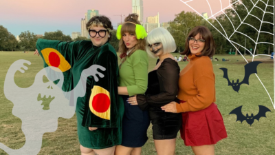 Emily and her friends dressed up in Ziker Park for Halloween