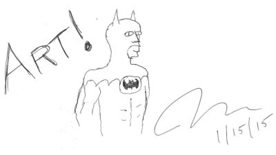 Jason's drawing of Batman with the word "Art!"