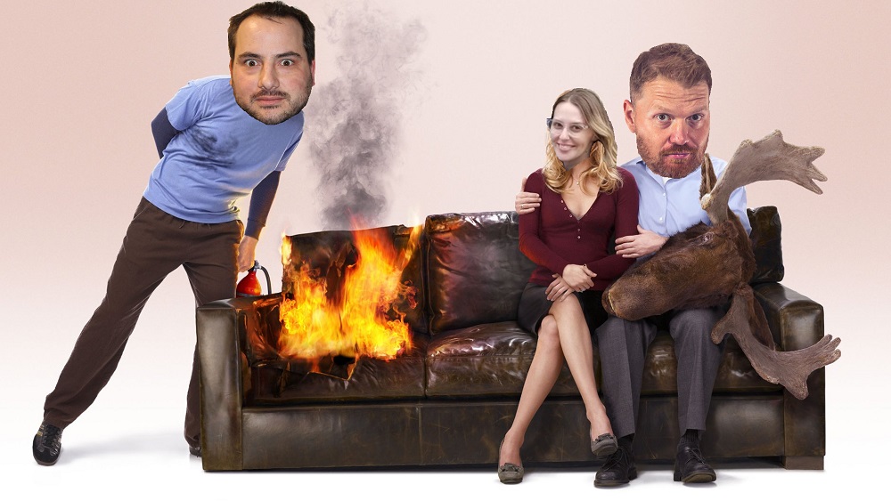 photoshopped photo of jason and nick on a burning couch with a woman