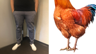 Jason's legs next to chicken legs