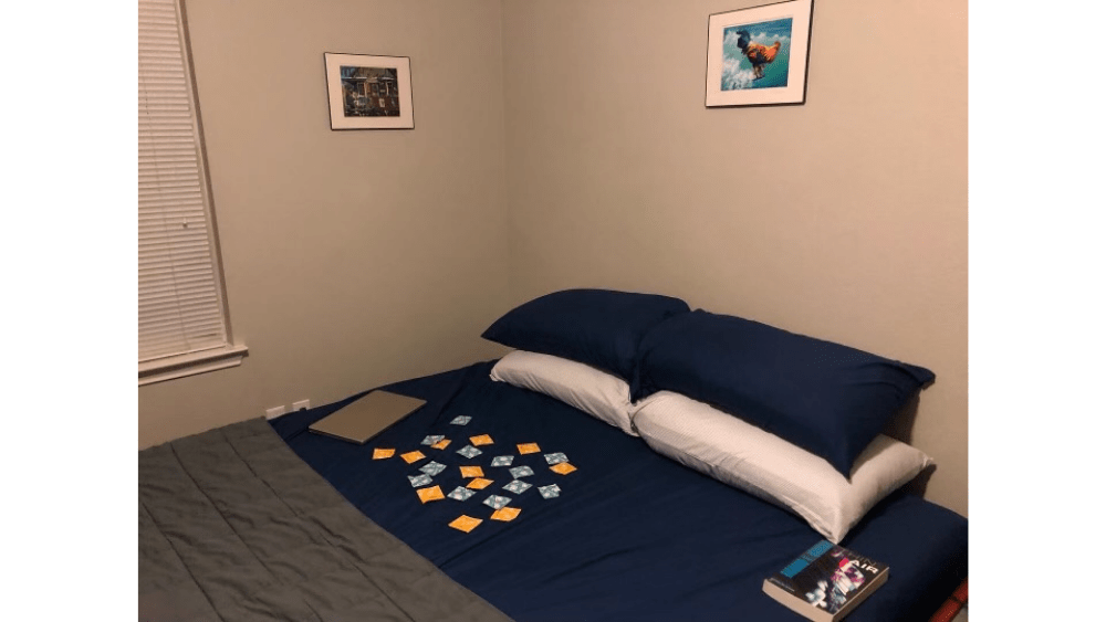 Nick's new bed with chicken art on the walls and condoms on the bed