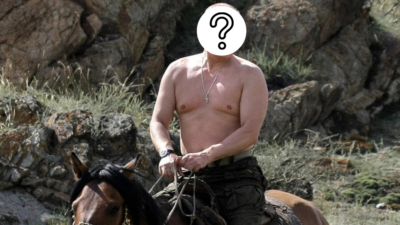 Putin on a horse with a question mark over his face