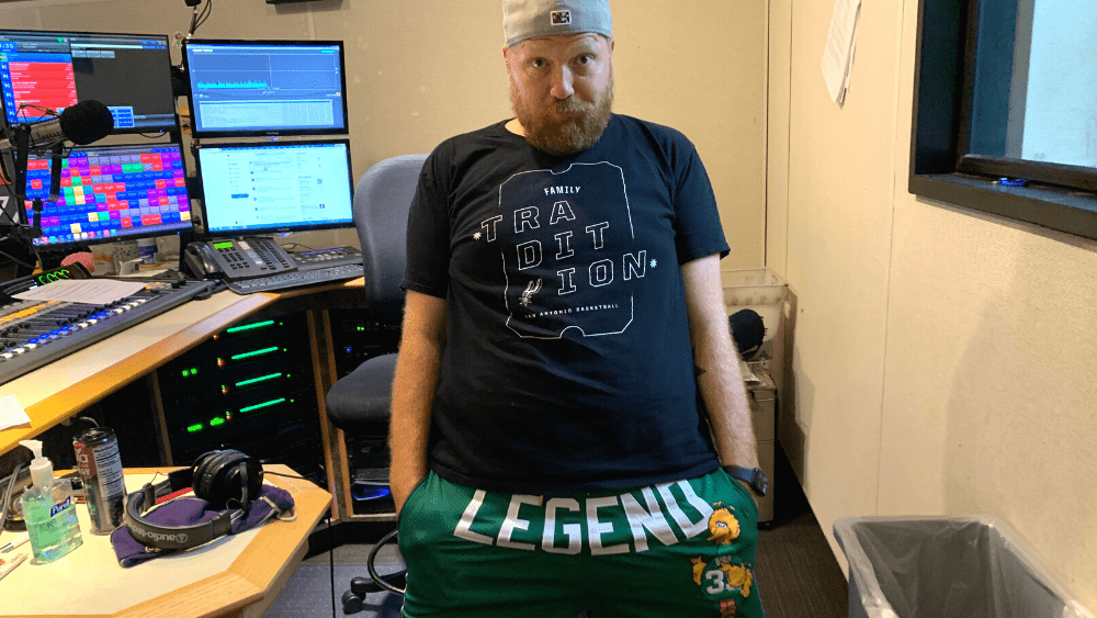 Jason with new green shorts that say legend across the crotch