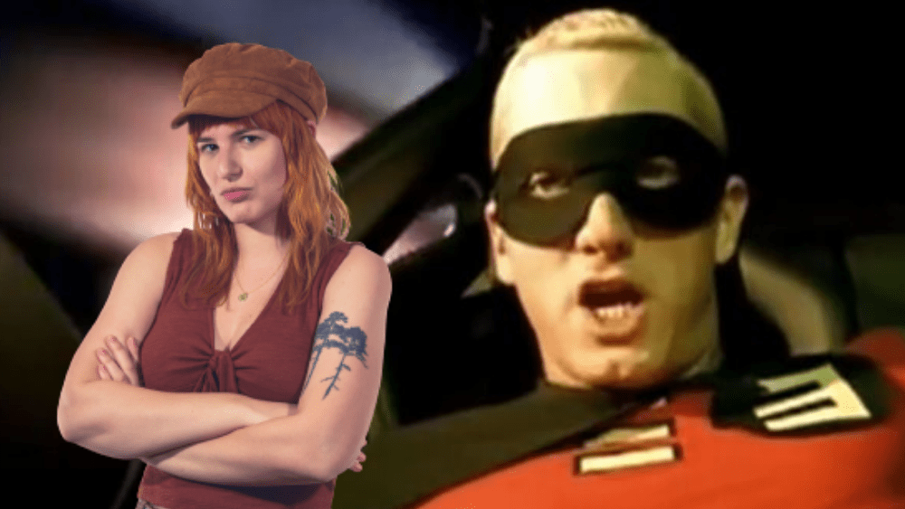 Emily photoshopped next to Eminem dressed up as Robin in his About Me music video