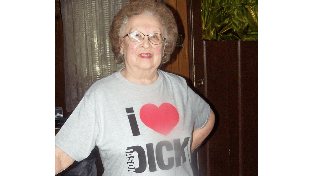 Jason's grandma wearing an I heart Jason Dick Tshirt