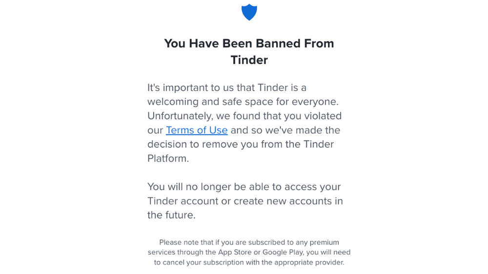 Message from Tinder saying that Emily has been banned