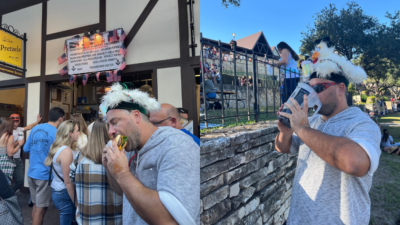 Nick eating and drinking at Wurstfest with a chicken hat on