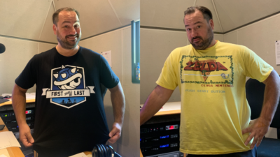Two photos of Nick wearing different video game-related tshirts.