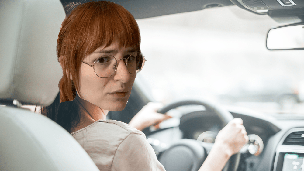 Emily photoshopped on a picture of a woman driving a car