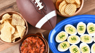 Superbowl party snacks and ball