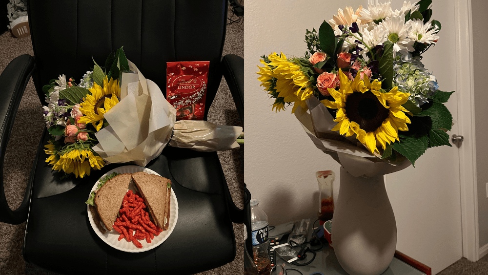 Nick's Valentine's Day gifts to his girlfriend. Flowers, chocolates, and a sandwich