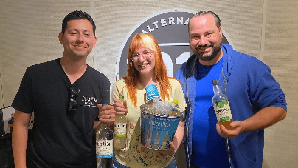 Frankie from Dulce Vida, Emily, and Nick posing with tequila